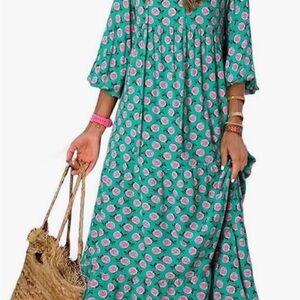 Boho Floral Green and Pink Maxi Dress